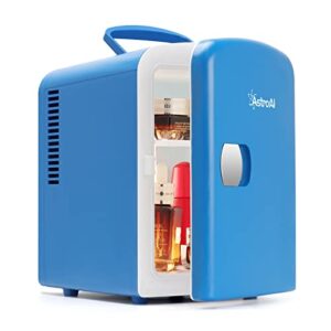 astroai mini fridge portable ac/dc powered thermoelectric system cooler and warmer 4 liter/6 can for cars, homes, offices, and dorms,blue (renewed)