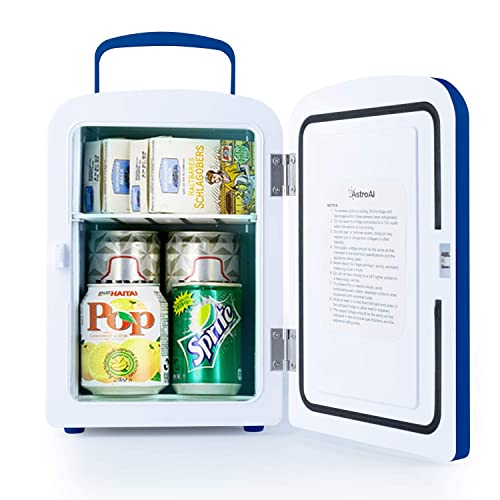 AstroAI Mini Fridge Portable AC/DC Powered Thermoelectric System Cooler and Warmer 4 Liter/6 Can for Cars, Homes, Offices, and Dorms,Blue (Renewed)