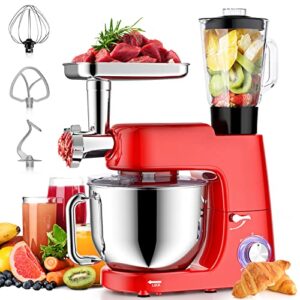 stand mixer, 6 in 1 multifunctional electric kitchen mixer 660w 6 speed with 7.4qt stainless steel bowl, 1.5l glass jar, meat grinder, dough hook, whisk, beater, sausage kit, food mixer for baking