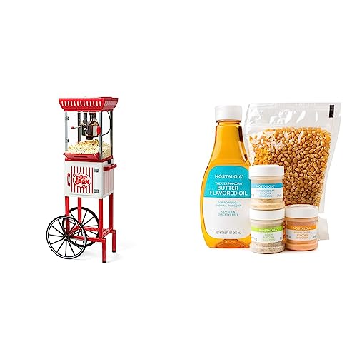 Nostalgia Popcorn Maker Machine - Professional Cart - Red & White & Hot Air & Kettle Kit 3 Seasonings, Oil, Popcorn Kernels, 1 Count (Pack of 1)