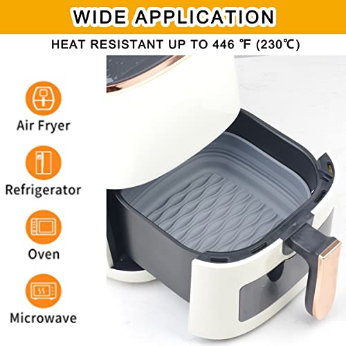 2Pack Upgraded 8 Inch Foldable Air Fryer Silicone Liners Square, Reusable Air Fryer Basket Liner, Thick Food Grade Silicone Pot, Airfryer Inserts Accessories for 4 to 7 qt Air Fryers, Grey, ZUOFANG