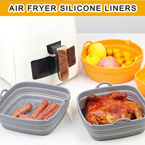 2Pack Upgraded 8 Inch Foldable Air Fryer Silicone Liners Square, Reusable Air Fryer Basket Liner, Thick Food Grade Silicone Pot, Airfryer Inserts Accessories for 4 to 7 qt Air Fryers, Grey, ZUOFANG