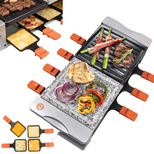 MasterChef Dual Raclette Table Grill w Non-Stick Grilling Plate & Cooking Stone- 8 Person Electric Tabletop Cooker for Korean BBQ- Melt Cheese, Cook Meat & Veggies at Once-(19" x 8") Gift, Summer Pary