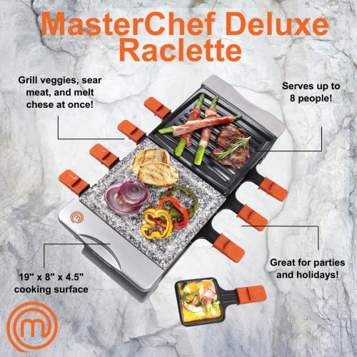 MasterChef Dual Raclette Table Grill w Non-Stick Grilling Plate & Cooking Stone- 8 Person Electric Tabletop Cooker for Korean BBQ- Melt Cheese, Cook Meat & Veggies at Once-(19" x 8") Gift, Summer Pary