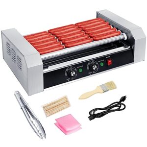 yexiya 110v electric hot dog roller machine stainless steel grill cooker machine 7 rollers hot dog warmer with oil brush, clip, dishcloth and 100 pcs bamboo sticks for kitchen canteen house restaurant