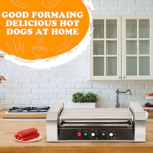 Yexiya 110V Electric Hot Dog Roller Machine Stainless Steel Grill Cooker Machine 7 Rollers Hot Dog Warmer with Oil Brush, Clip, Dishcloth and 100 Pcs Bamboo Sticks for Kitchen Canteen House Restaurant