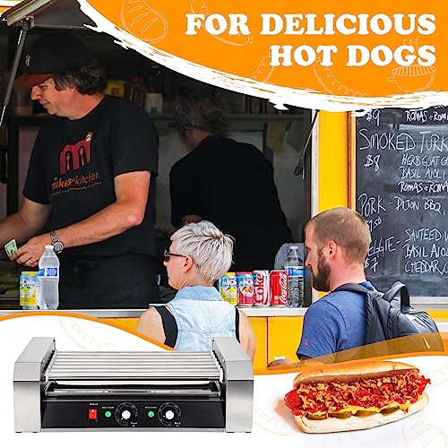 Yexiya 110V Electric Hot Dog Roller Machine Stainless Steel Grill Cooker Machine 7 Rollers Hot Dog Warmer with Oil Brush, Clip, Dishcloth and 100 Pcs Bamboo Sticks for Kitchen Canteen House Restaurant