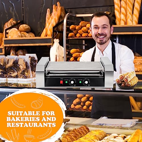 Yexiya 110V Electric Hot Dog Roller Machine Stainless Steel Grill Cooker Machine 7 Rollers Hot Dog Warmer with Oil Brush, Clip, Dishcloth and 100 Pcs Bamboo Sticks for Kitchen Canteen House Restaurant