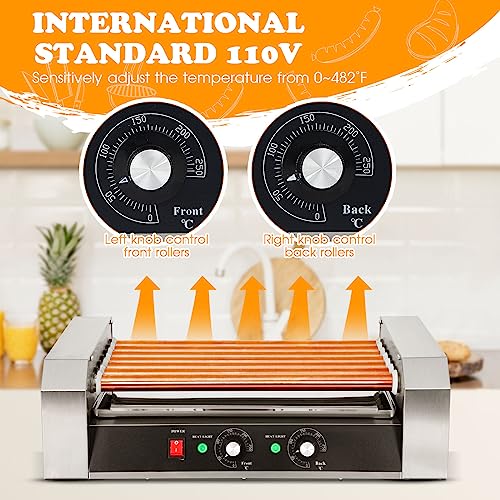 Yexiya 110V Electric Hot Dog Roller Machine Stainless Steel Grill Cooker Machine 7 Rollers Hot Dog Warmer with Oil Brush, Clip, Dishcloth and 100 Pcs Bamboo Sticks for Kitchen Canteen House Restaurant