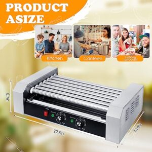 Yexiya 110V Electric Hot Dog Roller Machine Stainless Steel Grill Cooker Machine 7 Rollers Hot Dog Warmer with Oil Brush, Clip, Dishcloth and 100 Pcs Bamboo Sticks for Kitchen Canteen House Restaurant