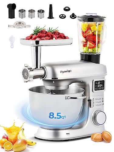 Flyseago Stand Mixer 8-IN-1 8.5 Qt Multifunctional Electric Kitchen Mixer 6 Speed Tilt-Head with Stainless Steel Bowl, 1.5L Glass Jar, Meat Grinder, Dough Hook, Whisk, Pasta Attachment