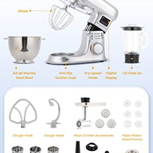 Flyseago Stand Mixer 8-IN-1 8.5 Qt Multifunctional Electric Kitchen Mixer 6 Speed Tilt-Head with Stainless Steel Bowl, 1.5L Glass Jar, Meat Grinder, Dough Hook, Whisk, Pasta Attachment