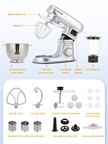 Flyseago Stand Mixer 8-IN-1 8.5 Qt Multifunctional Electric Kitchen Mixer 6 Speed Tilt-Head with Stainless Steel Bowl, 1.5L Glass Jar, Meat Grinder, Dough Hook, Whisk, Pasta Attachment