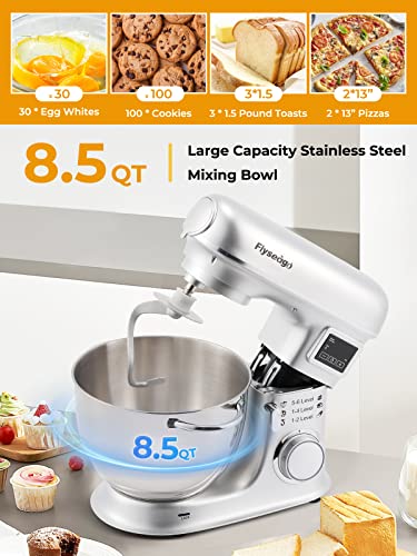 Flyseago Stand Mixer 8-IN-1 8.5 Qt Multifunctional Electric Kitchen Mixer 6 Speed Tilt-Head with Stainless Steel Bowl, 1.5L Glass Jar, Meat Grinder, Dough Hook, Whisk, Pasta Attachment