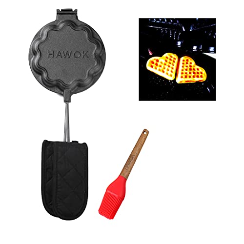 HAWOK Cast Iron Waffle Heart Shape Maker with Handle Hoder and Basting Brush…