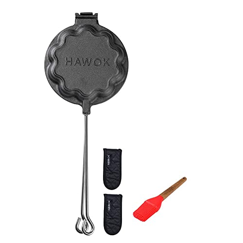 HAWOK Cast Iron Waffle Heart Shape Maker with Handle Hoder and Basting Brush…