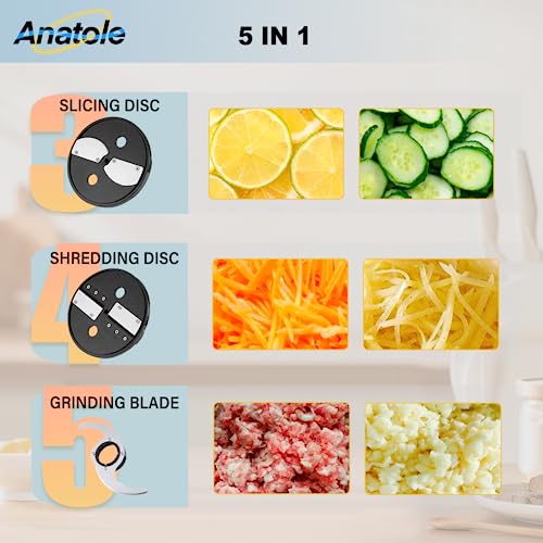 Anatole Commercial Food Processor 20-Cup Electric Vegetable Dicer Chopper 600W 5 in 1 Professional Veggie Shredder Grater Multifunctional Meat Grinder Blender with 5 Stainless Steel Blades