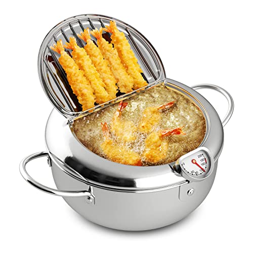 BestAlice Deep Fryer Pot, 8in(2.2L) Stainless Steel Frying Pot, Upgrade Deep Fryer Pot with Thermometer, Japanese Small Deep Frying Pot with Oil Drip Drainer Rack for French Fries Fish Chicken