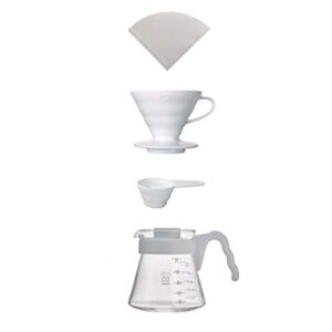 "simply hario" ceramic v60 dripper pour over set with glass server, scoop and filters, size 02, white