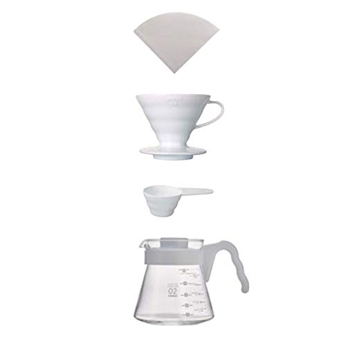 "Simply Hario" Ceramic V60 Dripper Pour Over Set with Glass Server, Scoop and Filters, Size 02, White