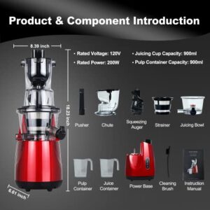 LynTorin Cold Press Juicer Machine, Slow Juicer Cold Press with 3.2" Wide Feed Chute, 200W Slow Masticating Juicer Machine for Vegetable and Fruit, Juicer Machine for Home Use with Brush, Easy to Clean