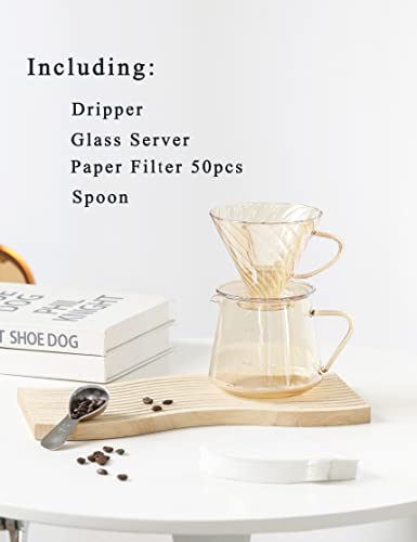 Pour Over Coffee Maker Set with Glass Dripper, 600ml 20oz V60 Coffee Server Pot, 50 Paper Filter and Spoon, Gift Kit for Coffee Lover