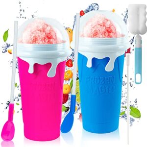 [500+500ml] 2pack slushie maker cup, diy frozen magic cup slushy, double layers silica smoothie pinch ice cup,quick cooling cup homemade milk shake ice cream maker (blue+pink)
