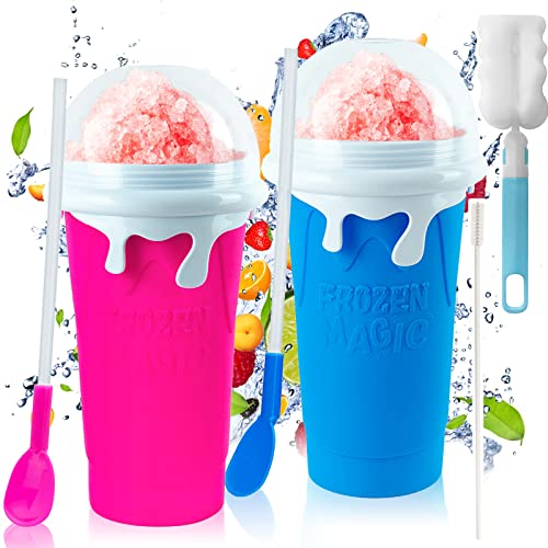 [500+500ML] 2Pack Slushie Maker Cup, DIY Frozen Magic Cup Slushy, Double Layers Silica Smoothie Pinch Ice Cup,Quick Cooling Cup Homemade Milk Shake Ice Cream Maker (Blue+Pink)