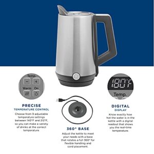 GE Electric Kettle | 6 Cup Capacity | Digital Temperature Control | Boils Water for Tea, Coffee in Minutes | Countertop Kitchen Essentials | 1500 Watts | Stainless Steel