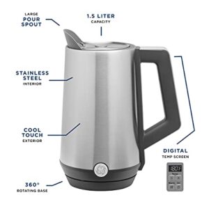 GE Electric Kettle | 6 Cup Capacity | Digital Temperature Control | Boils Water for Tea, Coffee in Minutes | Countertop Kitchen Essentials | 1500 Watts | Stainless Steel