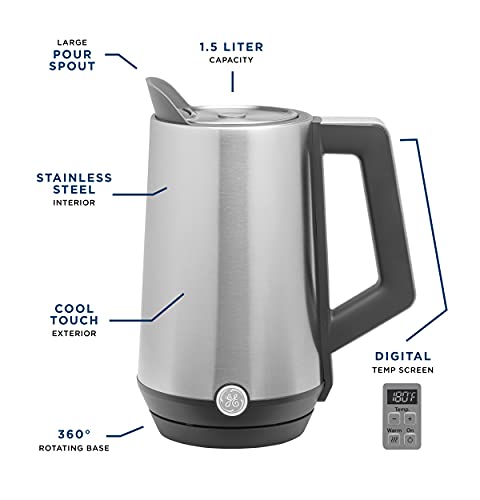 GE Electric Kettle | 6 Cup Capacity | Digital Temperature Control | Boils Water for Tea, Coffee in Minutes | Countertop Kitchen Essentials | 1500 Watts | Stainless Steel