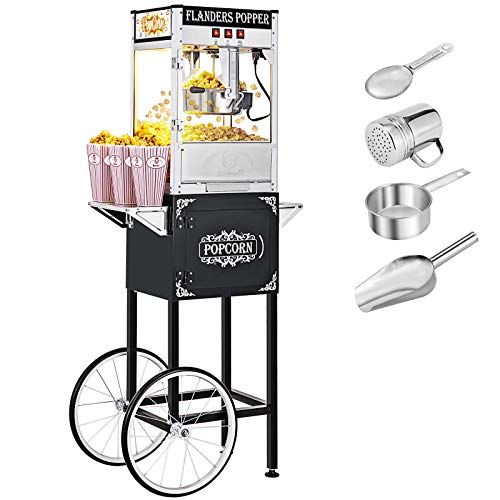 ROVSUN Popcorn Machine with Cart, Wheels & 8 Oz Kettle Makes Up to 32 Cups, Popcorn Maker with Stainless Steel Scoop, Oil Spoon & 3 Popcorn Cups for Commercial Home Movie Theater, Black