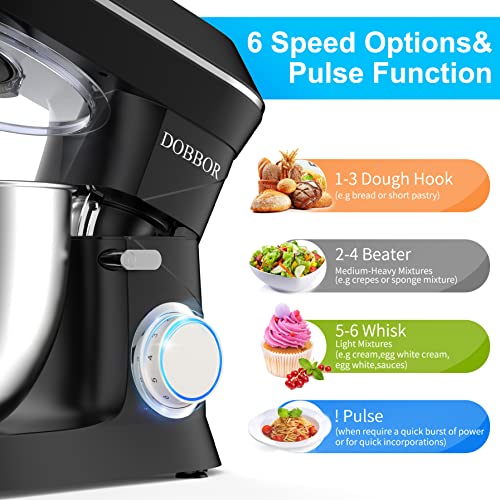 9.5QT Electric Stand mixer, DOBBOR 660W 7 Speeds Tilt-Head Dough Mixers, Bread Mixer with Dough Hook, Whisk, Beater, Splash Guard for Baking Bread, Cake, Cookie, Pizza, Muffin, Salad and More - Black