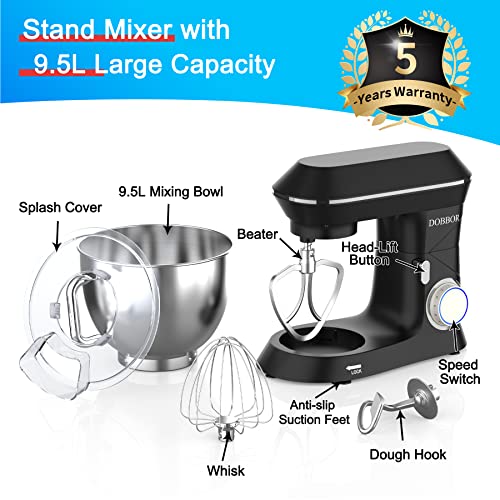 9.5QT Electric Stand mixer, DOBBOR 660W 7 Speeds Tilt-Head Dough Mixers, Bread Mixer with Dough Hook, Whisk, Beater, Splash Guard for Baking Bread, Cake, Cookie, Pizza, Muffin, Salad and More - Black