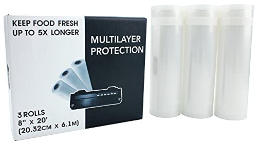 3 Vacuum Seal Rolls, 8 IN x 20 FT, Heavy Duty, Seal A Meal, Puncture Resistant Cut To Size Bags, Compatible with double Seal Machines