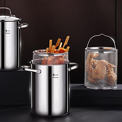 Hemoton Stainless Steel Frying Pot with Lid and Basket Deep Frying Pan Japanese Tempura Fryer with Mesh Steamer Basket for French Fries Chicken Kitchen Use