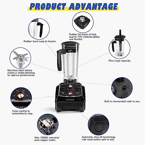 CRANDDI Professional Blenders with Timer for Kitchen, 1500W, 70oz Commercial Blenders for Shakes and Smoothies, Easy to Clean, YL-011 Black