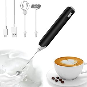 milk frother rechargeable drink mixer handheld egg whisk 3-speed adjustable with 2 stainless steel heads foam maker suitable for your coffee, tea, latte, hot chocolate(black)