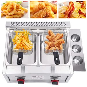 Commercial Gas Deep Fryer 12L Countertop Stainless Steel Dual Tank Kitchen Frying Machine w/2 Removable Baskets & Lid, Double Fryer for French Fries Turkey Donuts Home Kitchen Restaurant