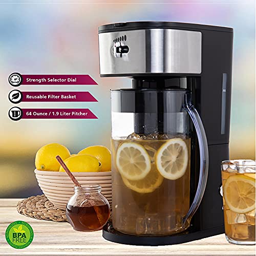 Iced Tea Cold Brew Iced Coffee Maker with Sliding Brew Strength Selector, Loose Tea Filter, Brew Basket and 64 Oz Capacity Pitcher - for Fruit Infused Tea or Lemonade