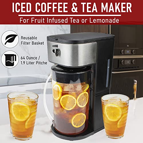 Iced Tea Cold Brew Iced Coffee Maker with Sliding Brew Strength Selector, Loose Tea Filter, Brew Basket and 64 Oz Capacity Pitcher - for Fruit Infused Tea or Lemonade