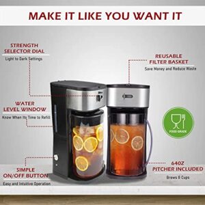 Iced Tea Cold Brew Iced Coffee Maker with Sliding Brew Strength Selector, Loose Tea Filter, Brew Basket and 64 Oz Capacity Pitcher - for Fruit Infused Tea or Lemonade