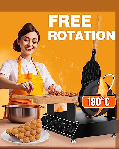 PYY Double Bubble Waffle Maker Commercial Waffle Maker Non-stick Hong Kong Egg Waffle Maker for Home Use Stainless Steel Pancake Maker 180° rotate, 1500W 110V Electric Cone Maker 50-250℃/122-482℉