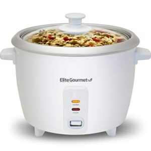 Elite Gourmet Elite Cuisine ERC-003# Electric Rice Cooker with Automatic Keep Warm Makes Soups, Stews, Grains, Hot Cereals, White, 6 Cups Cooked (3 Cups Uncooked)