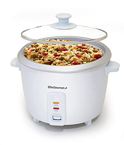 Elite Gourmet Elite Cuisine ERC-003# Electric Rice Cooker with Automatic Keep Warm Makes Soups, Stews, Grains, Hot Cereals, White, 6 Cups Cooked (3 Cups Uncooked)