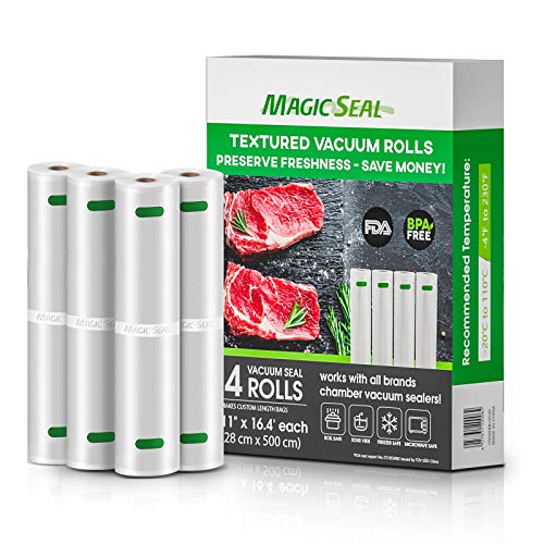 MAGIC SEAL 4 Rolls 11”x 16.4' Vacuum Sealer Bags for Food Saver, Puncture Prevention Seal Storage Textured Bags, BPA Free, Commercial Grade - NOT Work with MAGIC SEAL MS175