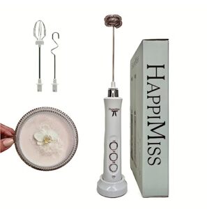 happimiss milk frother usb rechargeable - 3 whisks: wire for making perfect fluffy foam lattes, matcha, macchiatos, cappuccino, butter coffee, hot chocolate, cold foam - snowy day white