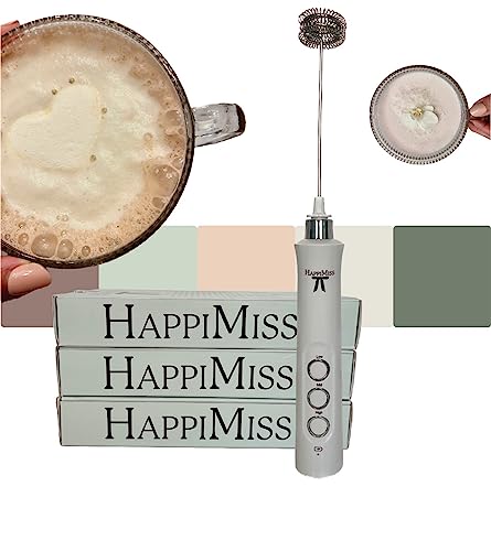 HappiMiss Milk Frother USB Rechargeable - 3 whisks: Wire for Making Perfect Fluffy Foam Lattes, Matcha, Macchiatos, Cappuccino, Butter Coffee, Hot Chocolate, Cold Foam - Snowy Day White
