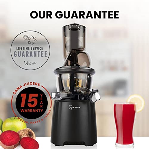 Sana Wide Mouth Premium Cold Pressed Vertical Juicer | Patented Trap Door System | Includes 2 Premium Accessories | 240W High Torque Motor | 15 Year Warranty (Black)