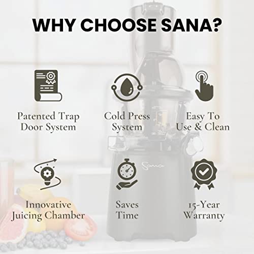 Sana Wide Mouth Premium Cold Pressed Vertical Juicer | Patented Trap Door System | Includes 2 Premium Accessories | 240W High Torque Motor | 15 Year Warranty (Black)